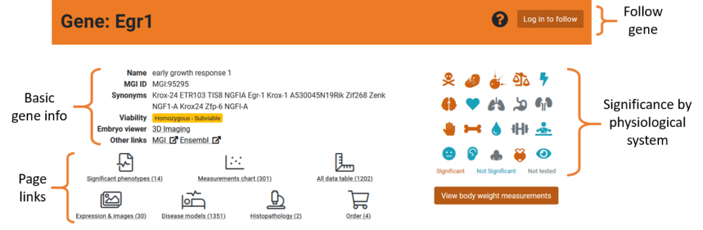 IMPC Gene Summary with annotated sections: Follow gene, Basic gene info, significance by physiological system and page links